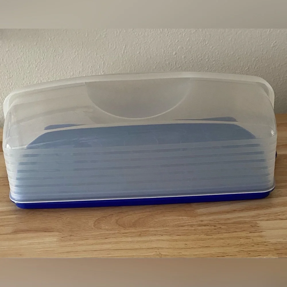 TUPPERWARE Rectangle Bake N Take Cake Cupcake Taker Carrier Blue Clear